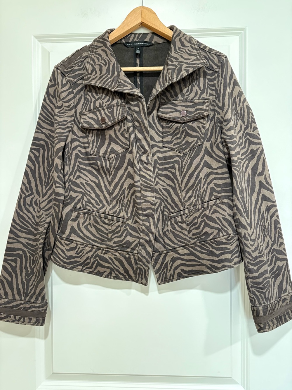 White House Black Market Zebra Print Utility Jacket Denim Moto Style Size 14